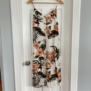 Mango Floral Palm Leaf Button Down Spaghetti Strap Midi Dress